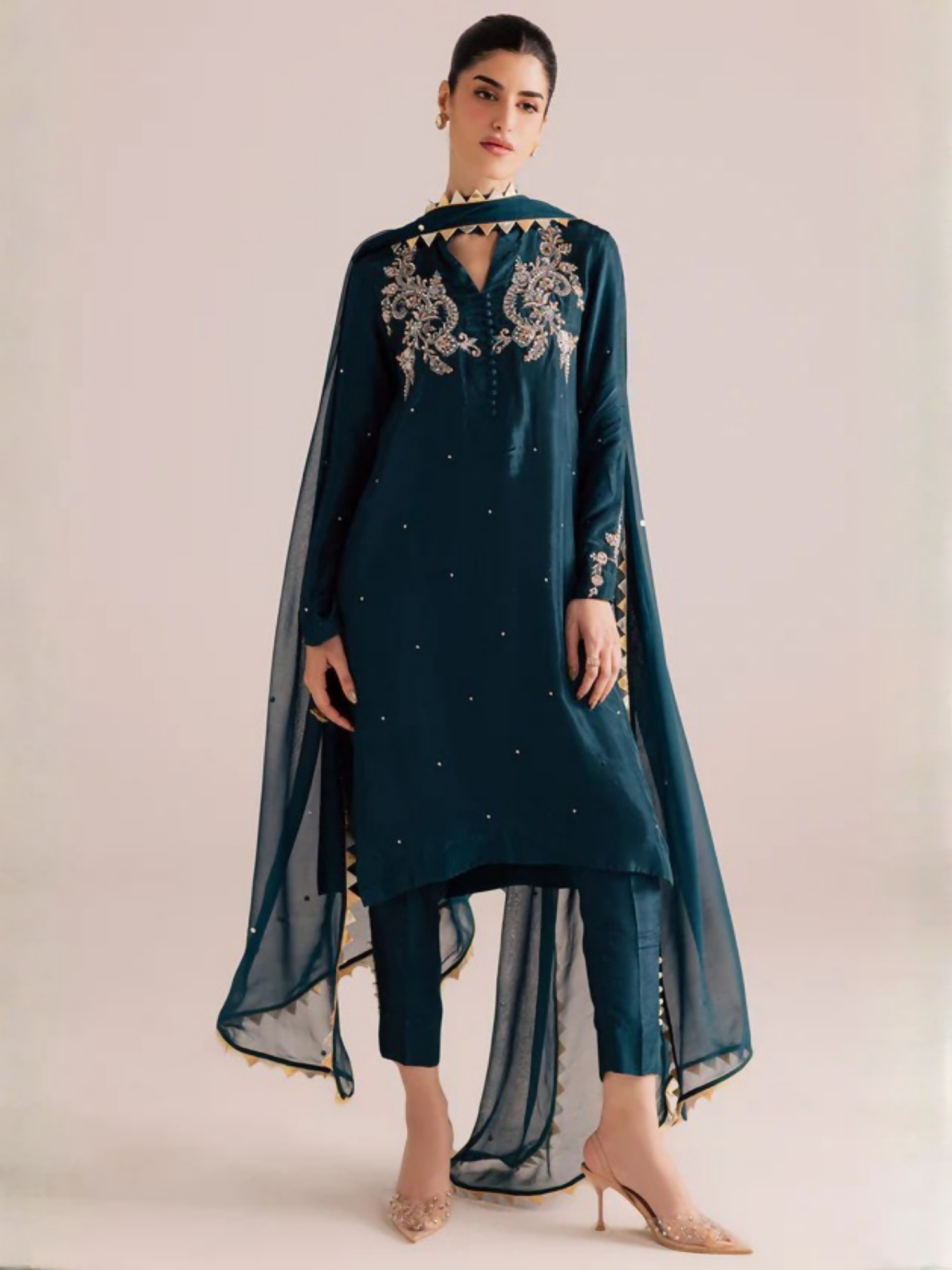 Allure By IH Silver Night Tussel Silk Embroidered Stitched 3-Piece Suit-Eclipse