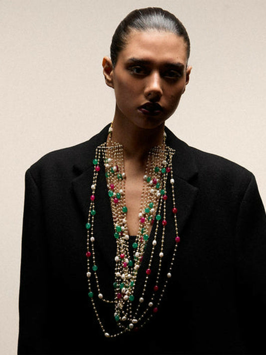 Jugnu by Hussain Rehar Opal Bloom multi-strand statement necklace with pearls, vivid green and pink gemstones, and gold detailing, luxurious bold elegant accessory.