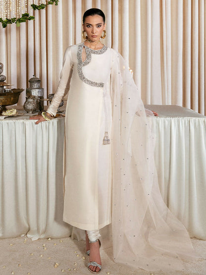 Hussain Rehar – Ivory Raw Silk Angrakha Style Embellished Outfit with Organza Dupatta