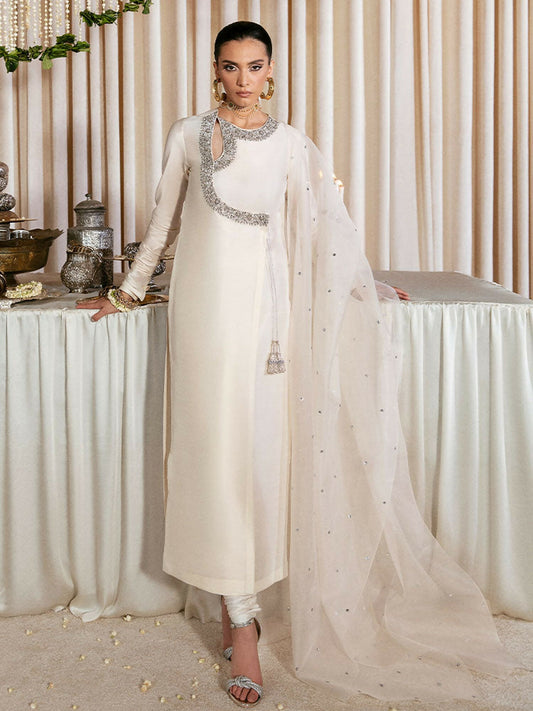 Hussain Rehar – Ivory Raw Silk Angrakha Style Embellished Outfit with Organza Dupatta