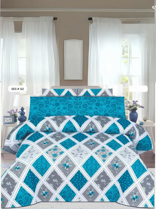 Dark cyan king-size bedsheet with white design pattern and two matching pillow covers in poly cotton
