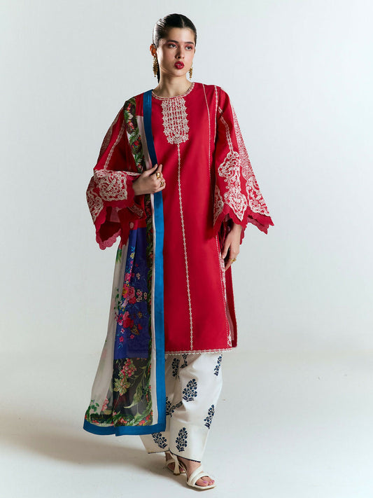 Unstitched crimson red 3-piece suit featuring monochrome dori embroidery on cotton shirt, ivory screen-printed cotton shalwar, and digitally printed silk dupatta — elegant traditional ensemble.