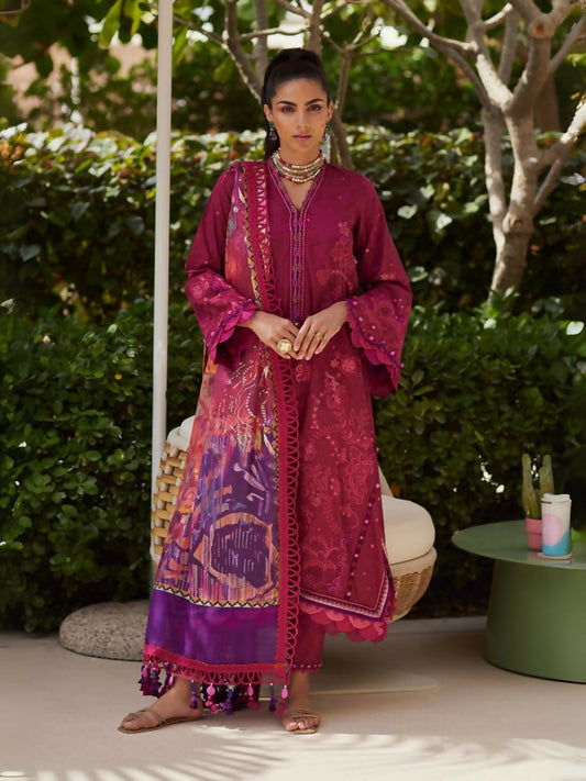FTA Betty Berry jacquard shirt with tonal embroidery, silk dupatta, and jacquard pants.