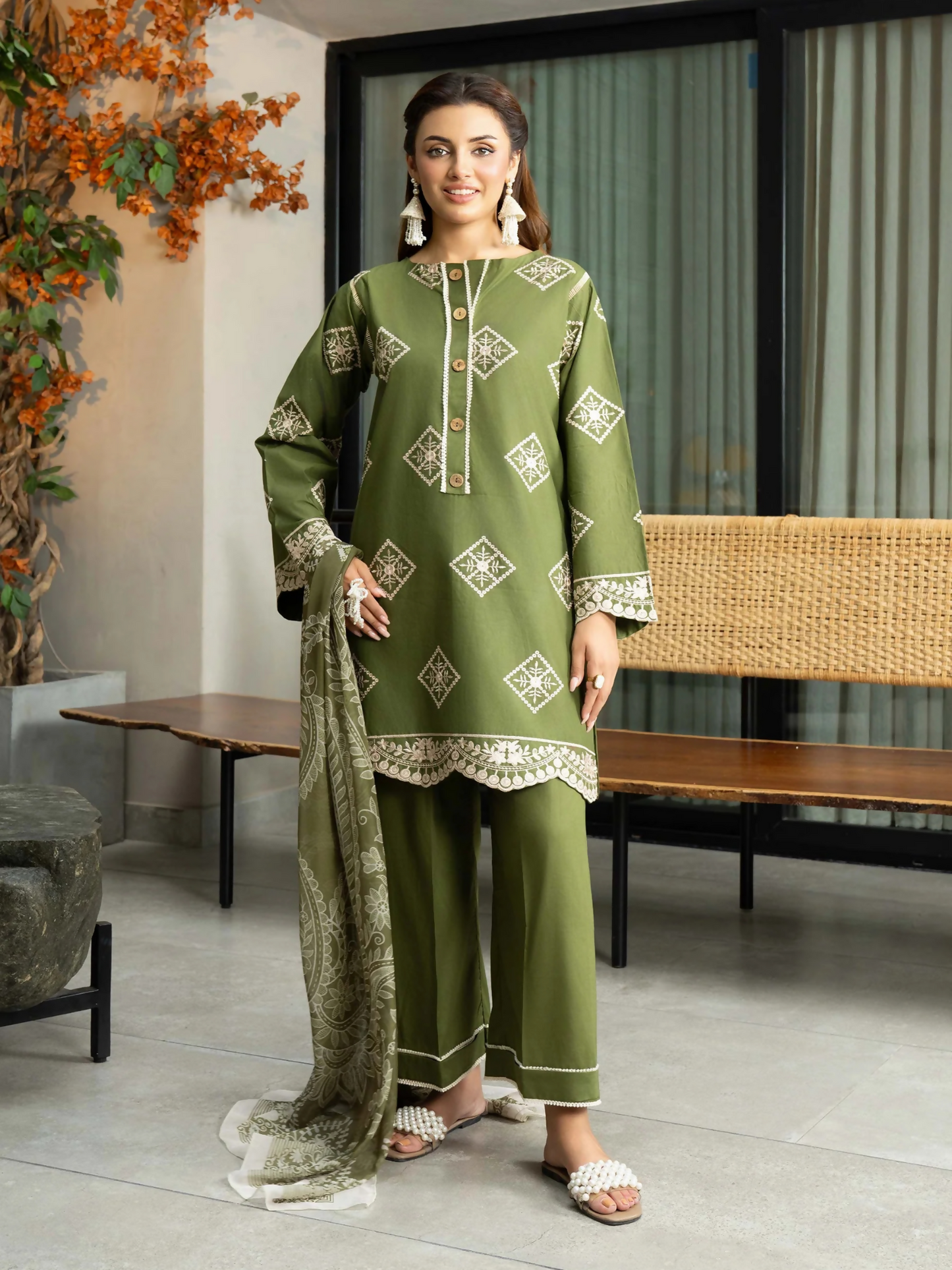 Panache Apparel Solid Story Cotton Lawn Embroidered Stitched Suit-Vana