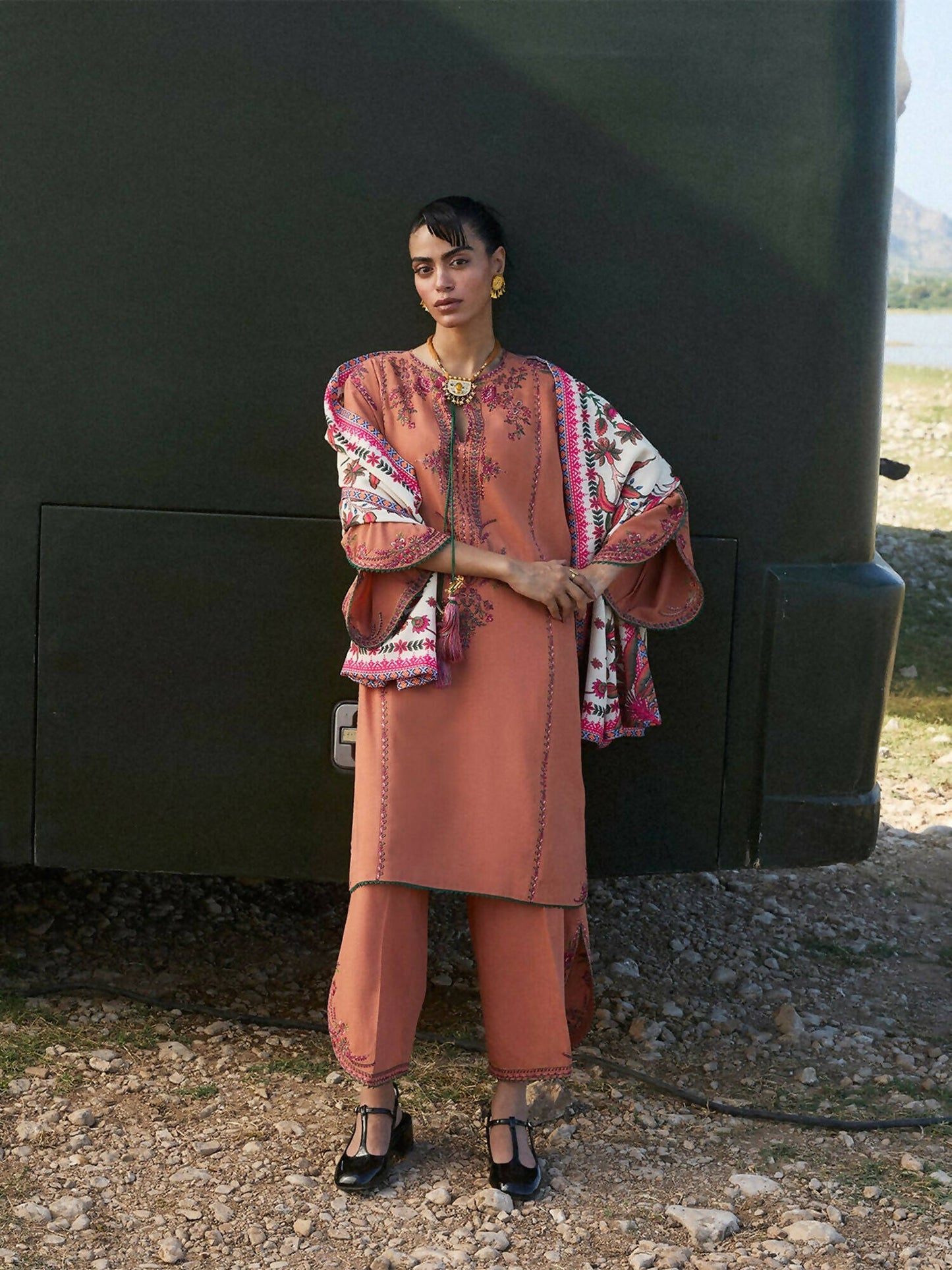 Jugnu by Hussain Rehar AW'24 Karandi Embroidered Stitched 3-Piece Suit-Dune