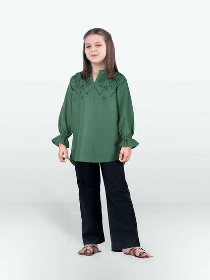 Dark Green and Black Velvour Girls Embroidered Stitched Tunic-VG118-C