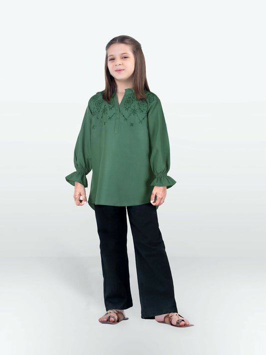 Dark Green and Black Velvour Girls Embroidered Stitched Tunic-VG118-C