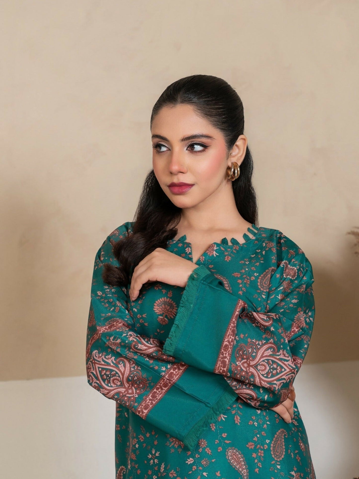 Stylish Collection Amaya Pret Silk Grip Printed Stitched 2-Piece Suit-Morni Green