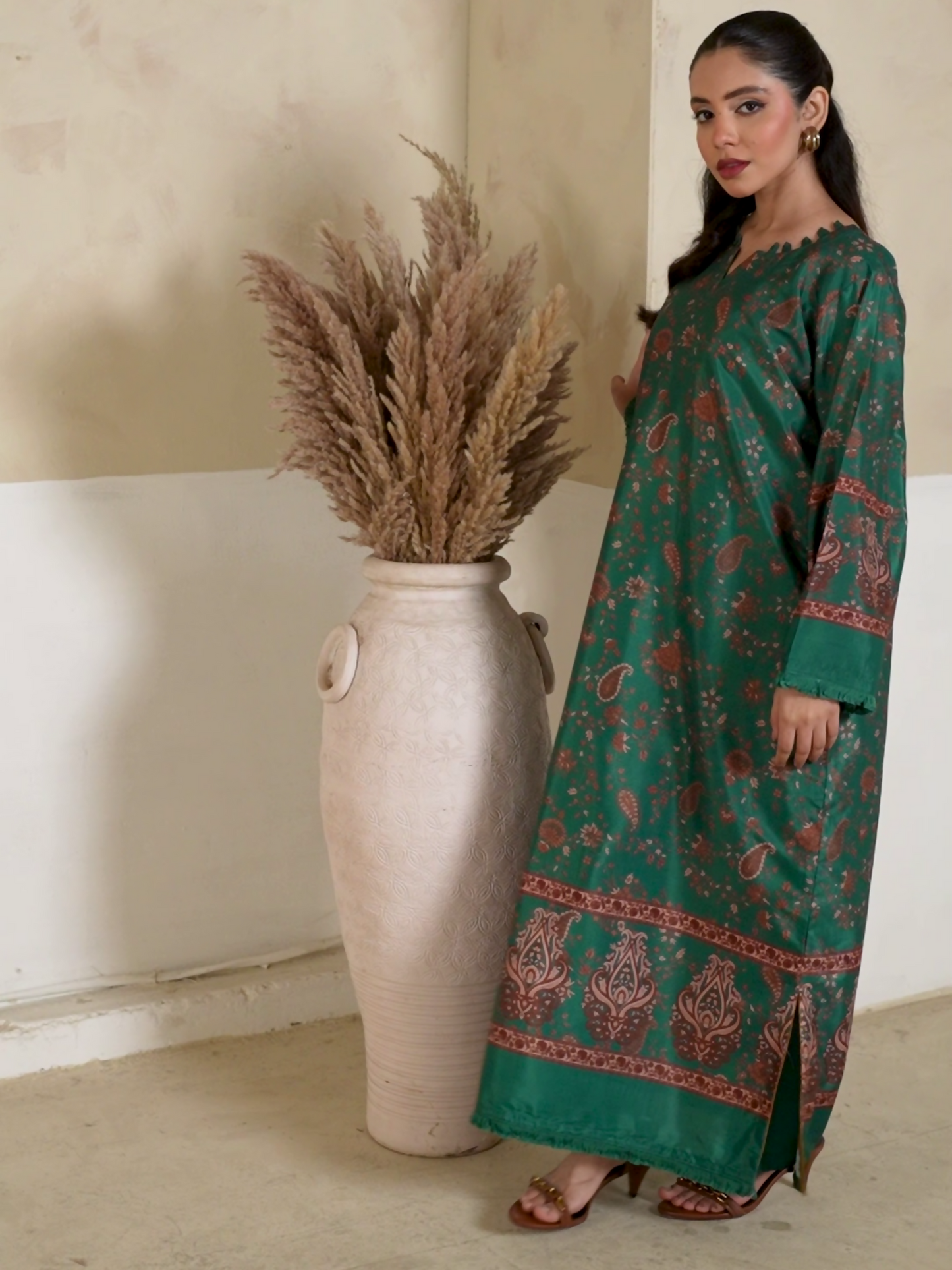 Stylish Collection Amaya Pret Silk Grip Printed Stitched 2-Piece Suit-Morni Green
