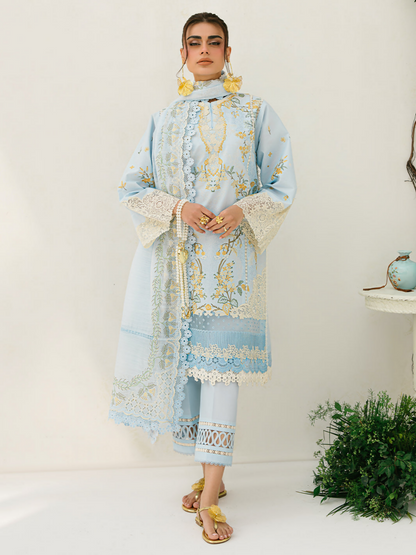 Embroidered lawn suit with multi-panel front, organza lace detailing, and an embellished dupatta paired with cotton trouser.