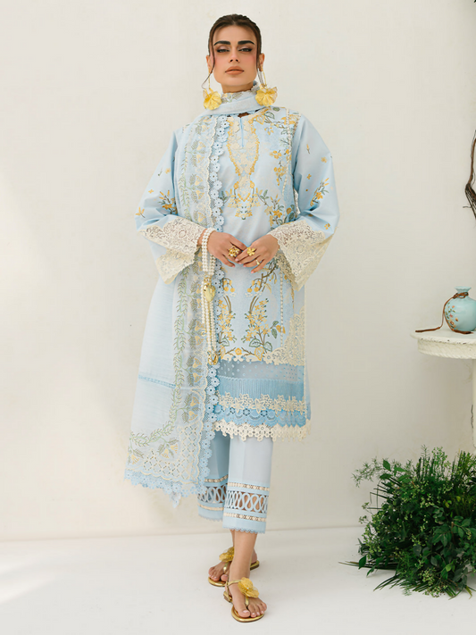 Embroidered lawn suit with multi-panel front, organza lace detailing, and an embellished dupatta paired with cotton trouser.