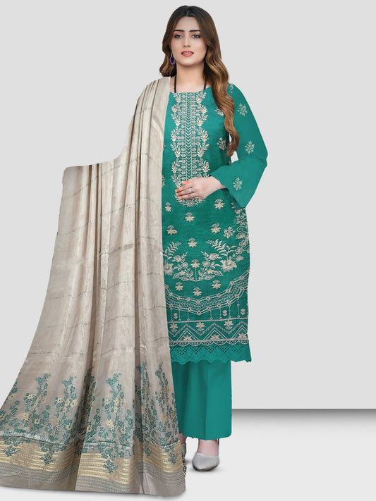 Embroidered lawn shirt with plain trouser and jacquard dupatta.