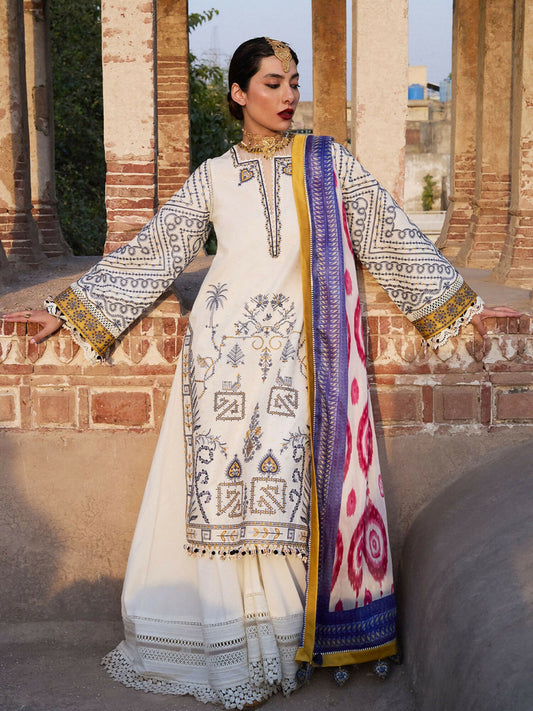 Ivory Hussain Rehar Luxury Lawn Embroidered Unstitched 3-Piece Suit-Motia