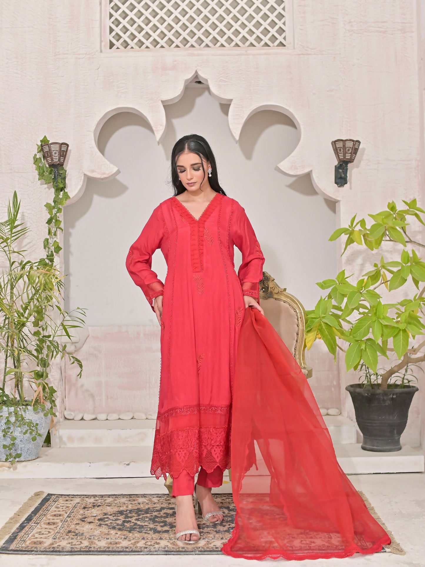 Ruby's Couture Shireen Raw Silk Embroidered Stitched 3-Piece Suit-Nelufar