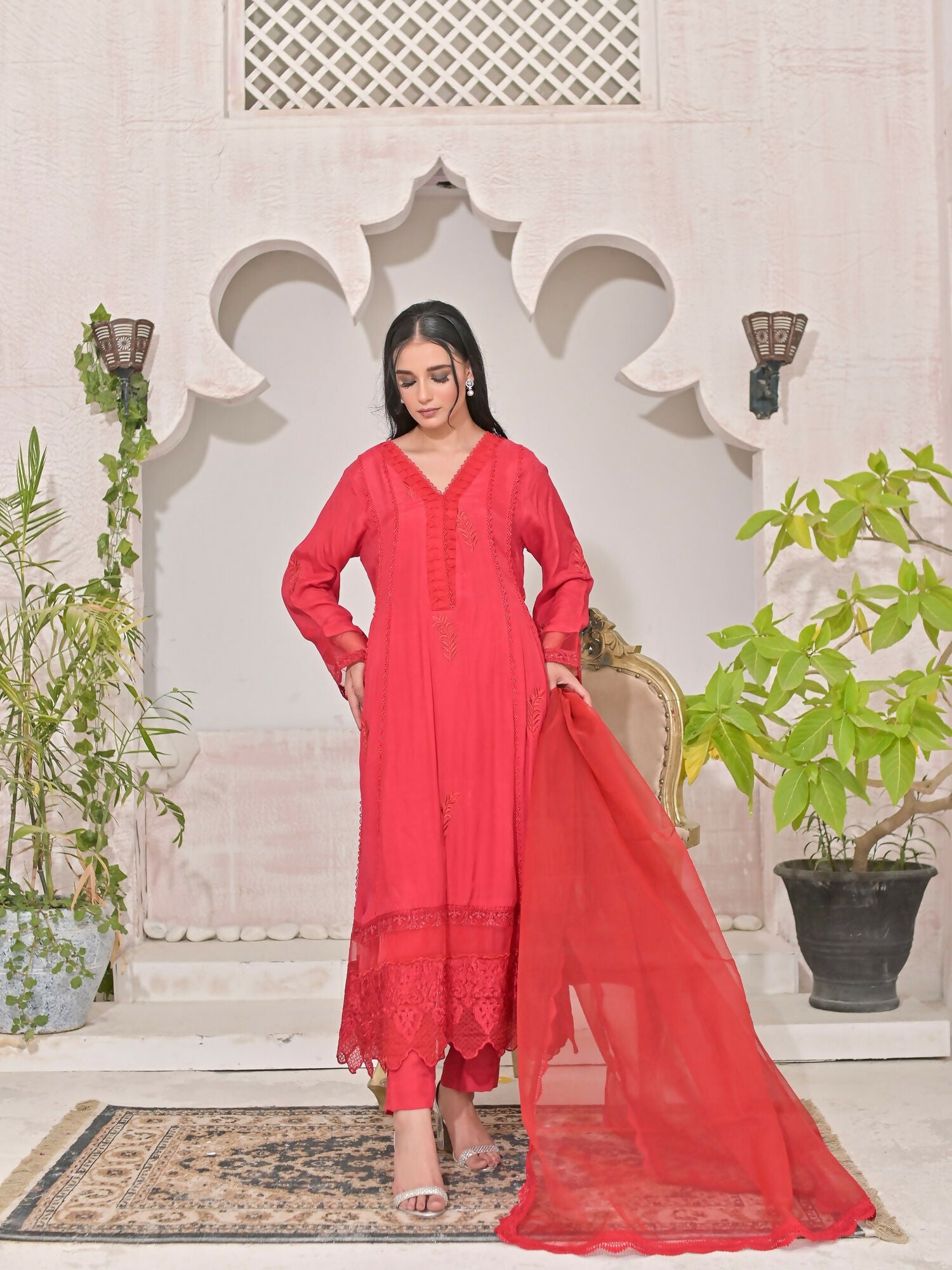 Ruby's Couture Shireen Raw Silk Embroidered Stitched 3-Piece Suit-Nelufar