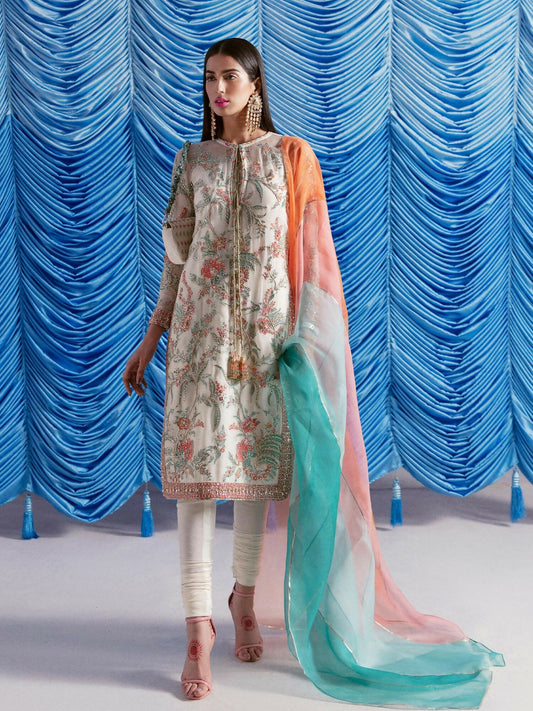 Hussain Rehar stitched 3-piece suit featuring an ivory organza shirt with resham embroidery, gota, sequins, naqshi and cutdana, paired with Indian raw silk churidar pajama, organza dupatta, and medium silk lining.