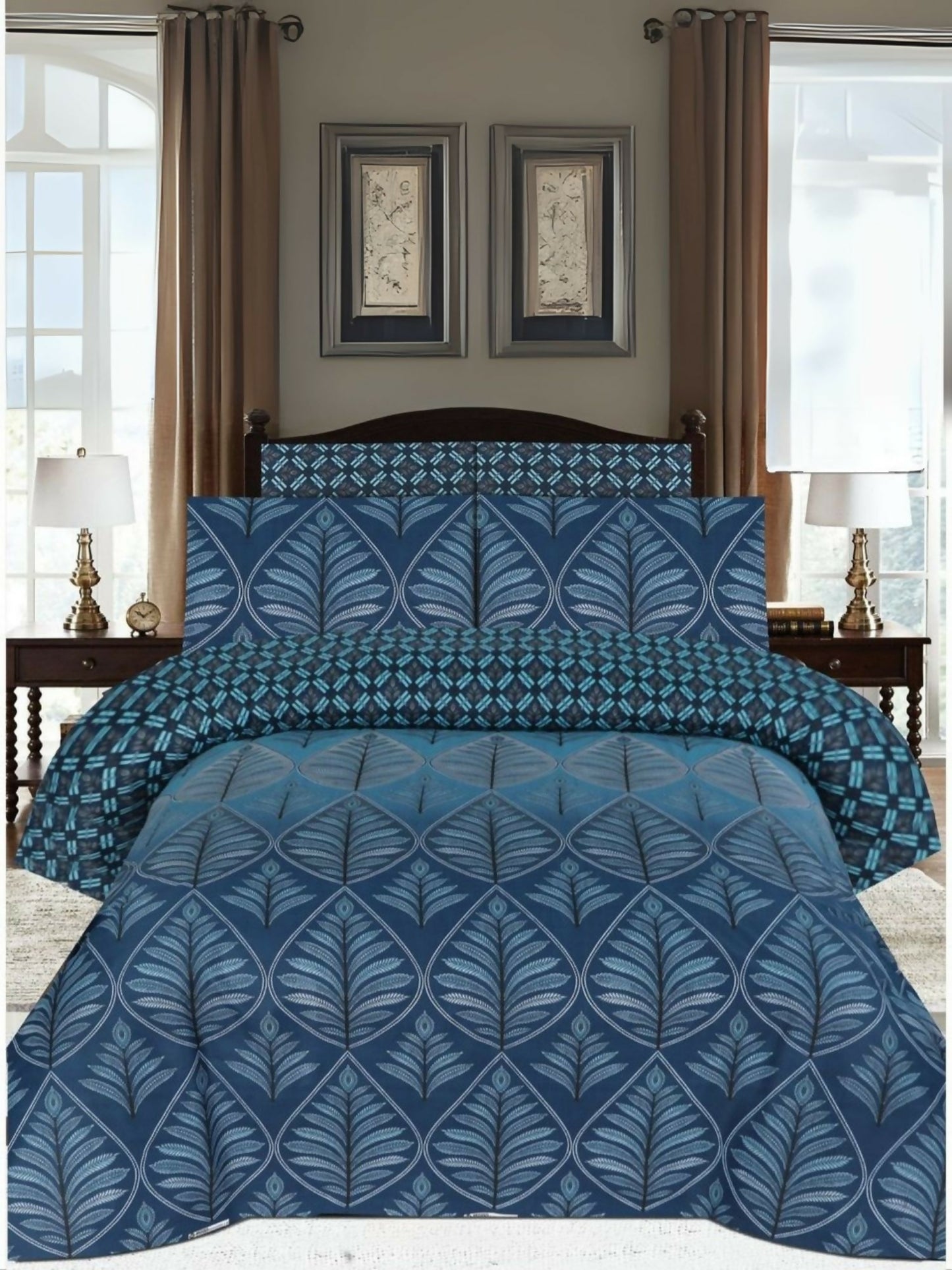 Blue Danier 6pcs Comforter Set with elegant leaves print, includes bedsheet, comforter, and 4 pillow covers – cozy and stylish bedding for a refreshing bedroom look.