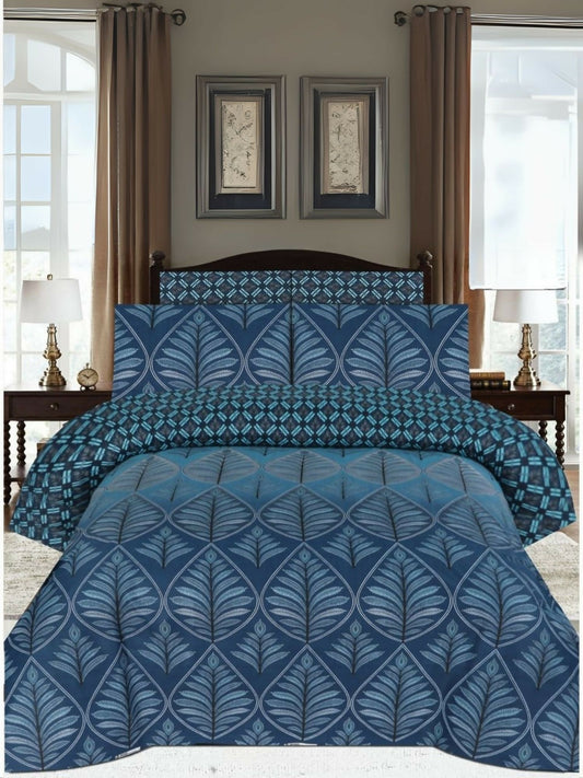 Blue Danier 6pcs Comforter Set with elegant leaves print, includes bedsheet, comforter, and 4 pillow covers – cozy and stylish bedding for a refreshing bedroom look.