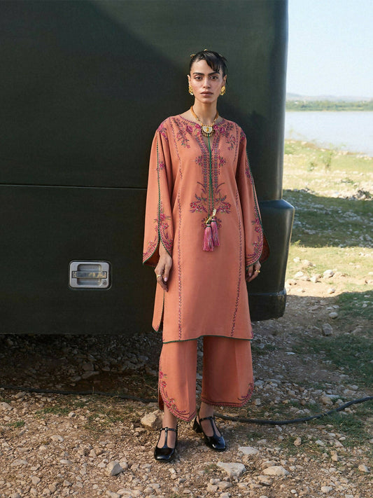 Jugnu by Hussain Rehar AW'24 Karandi Embroidered Stitched 3-Piece Suit-Dune