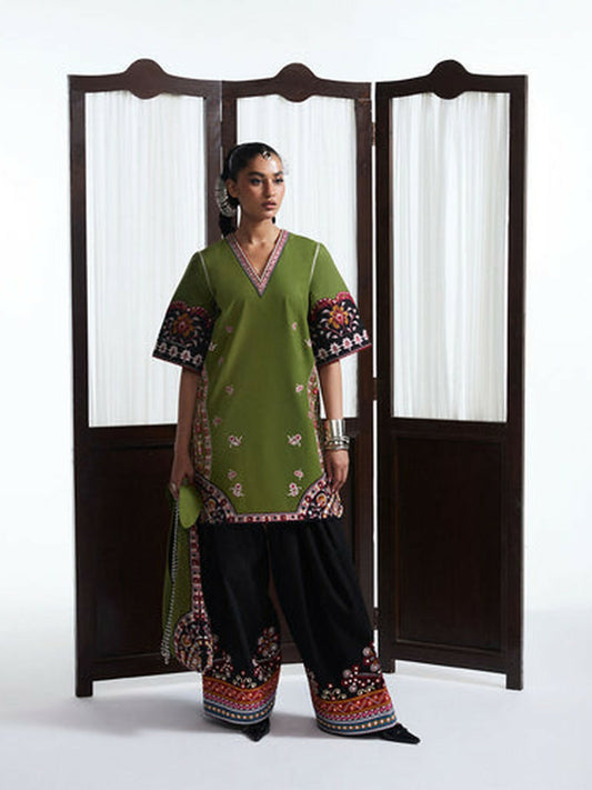Olive Green Jugnu Lahore Luxury Cotton Embroidered Stitched 2-Piece Suit-Lavanya