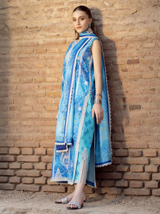 Unstitched 3-piece suit with digitally printed and embroidered front panels. Includes a chiffon printed dupatta and matching cotton trouser. Ideal for formal and semi-formal occasions.