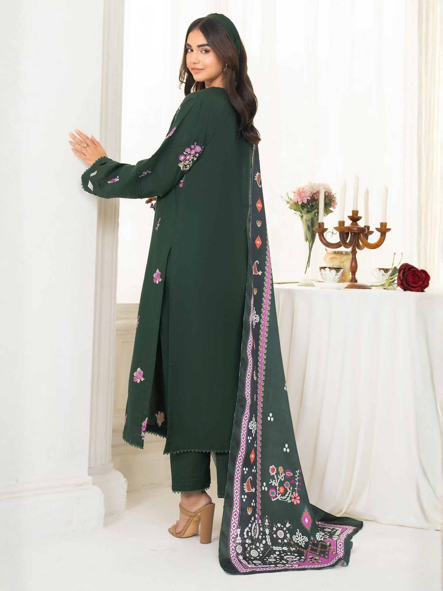 Panache Apparel Winter Basics Khaddar Embroidered Stitched 3-Piece Suit-Spruce