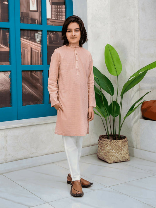 Peach Velvour Boys Embroidered Kurta Set-VB201-A