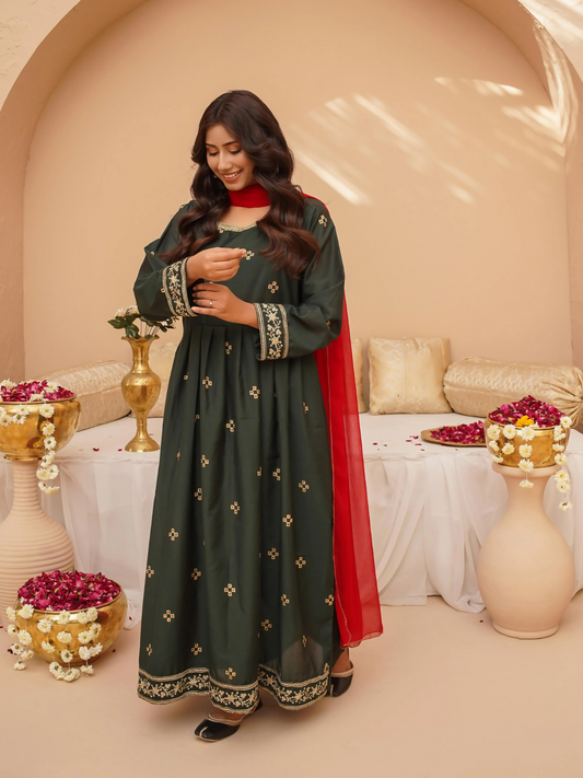 Kidoz Kloset Rang Rasiya Cotton Silk Embroidered Stitched 3-Piece Suit-Emerald Aura-Women
