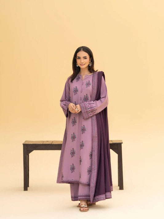 Ayat Closet Linen Embroidered Stitched 3-Piece Suit-Lark-Purple