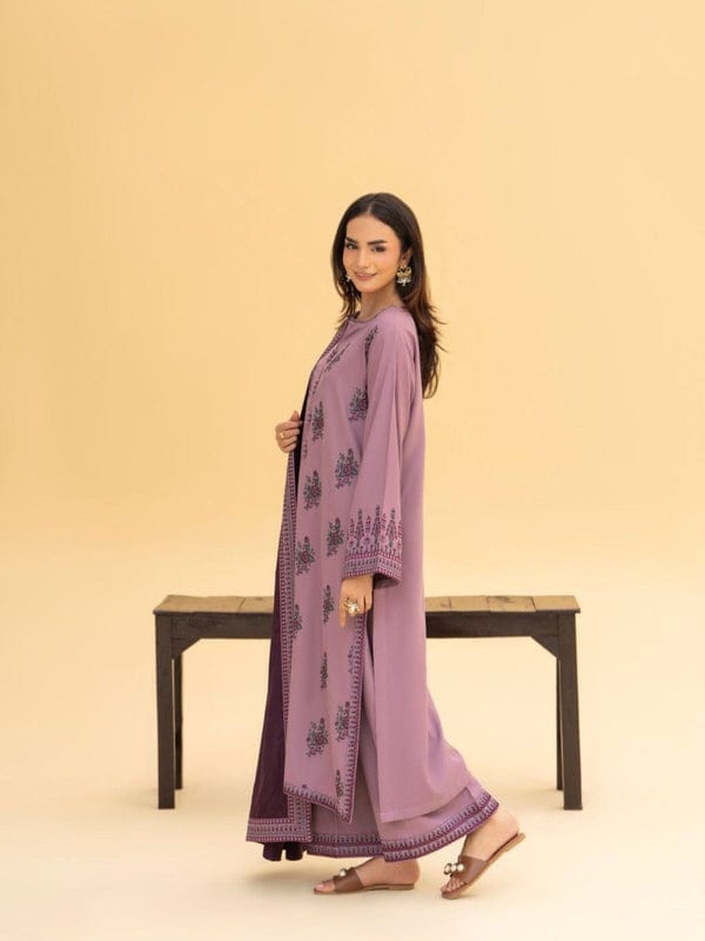 Ayat Closet Linen Embroidered Stitched 3-Piece Suit-Lark-Purple