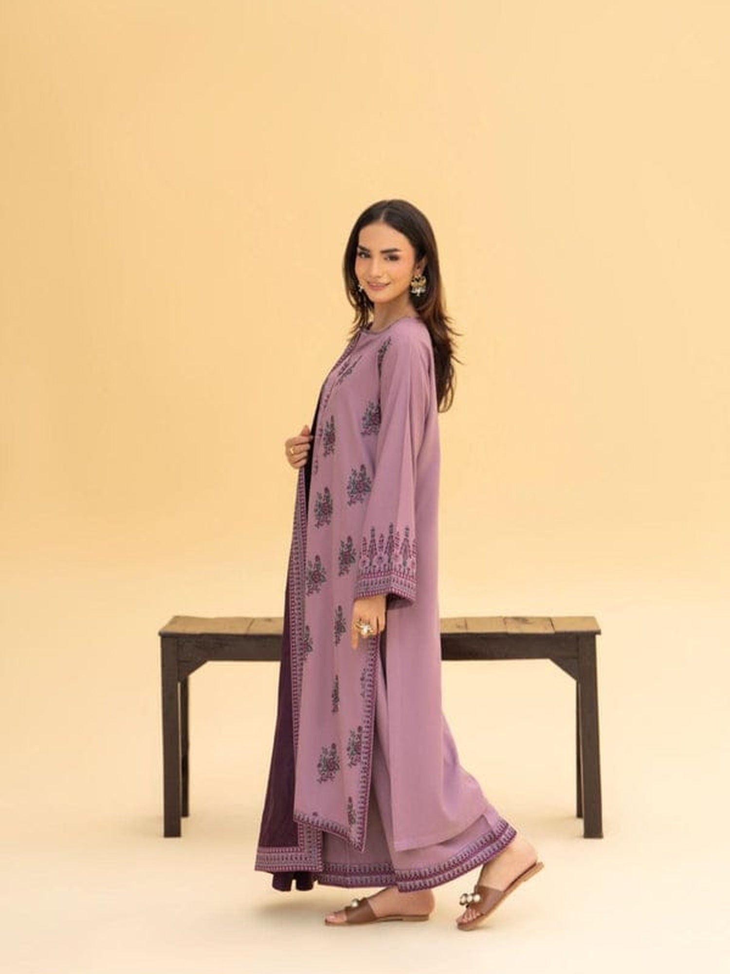 Ayat Closet Linen Embroidered Stitched 3-Piece Suit-Lark-Purple