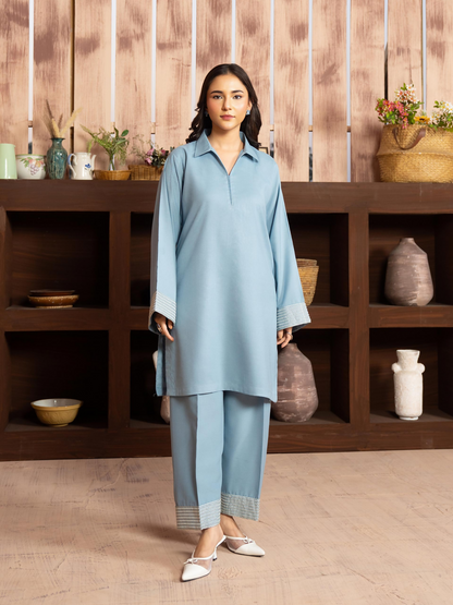 Panache Apparel Winter Core Linen Embroidered Stitched Suit-Bluff