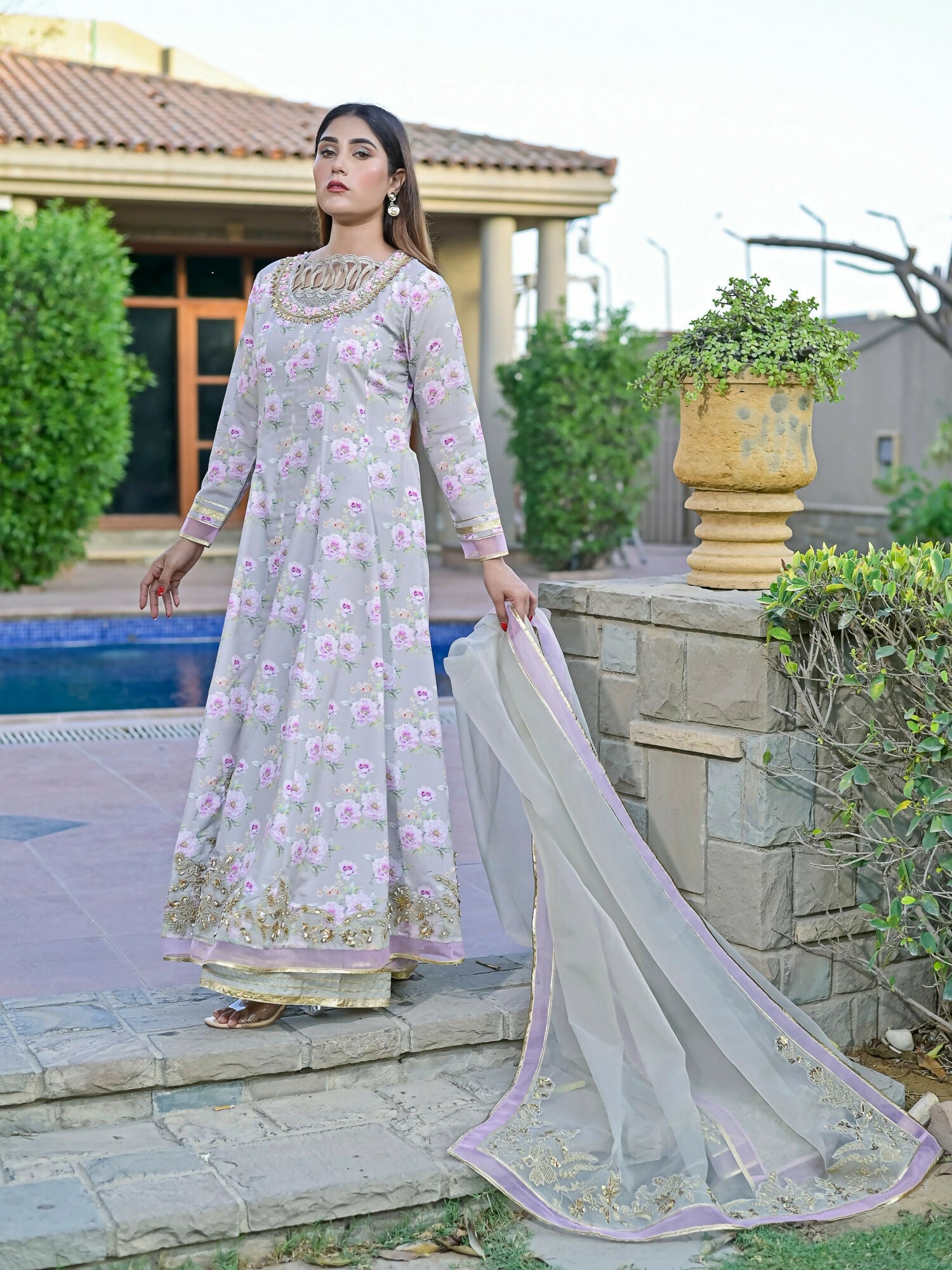 Farooq Hameed Studio Silk Embroidered Stitched 3-Piece Suit-Irana