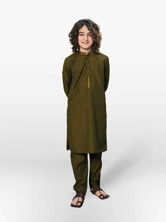 Olive Green Velvour Boys Embroidred Shalwar Kameez-VB171-D