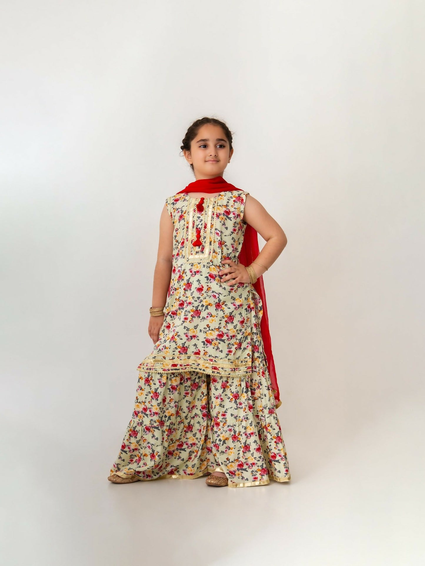 Kidoz Kloset Cotton Lawn Printed Stitched 3- Piece Suit-Butterscotch Bloom