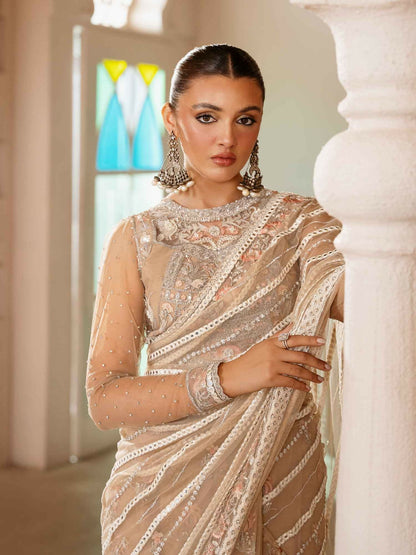 Shiza Hassan Shehnai Bareeze Net Embellished Stitched Saree-Vince