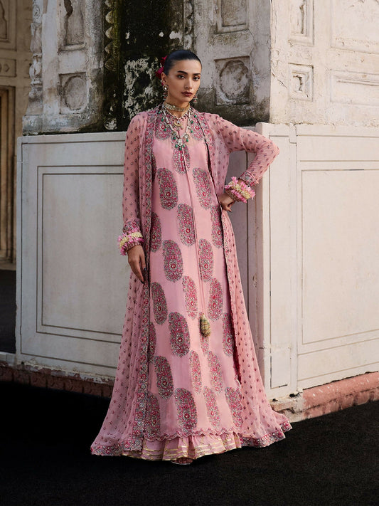 Hussain Rehar Festive Pret’25 powder pink organza shirt with chiffon jacket and silk sharara, stitched 3-piece suit.