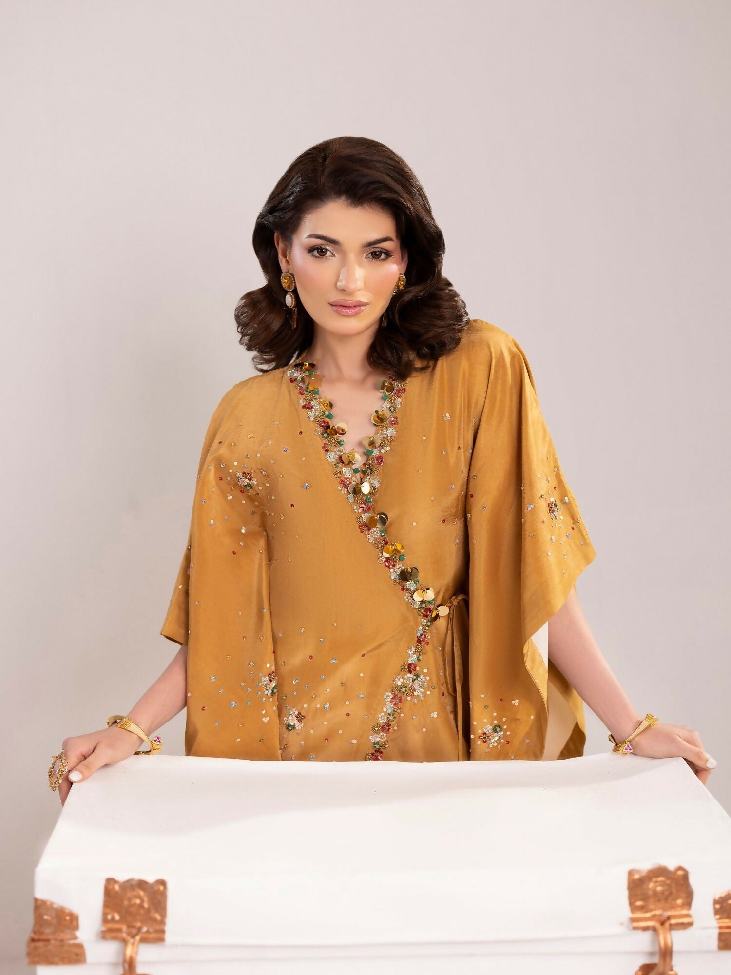 Shurooq Echoes In Bloom Silk Embellished Kaftan Set-Golden Mirage