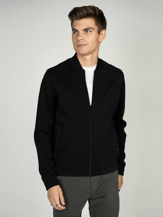 Black Funky Midnight Crest Woolen Bomber Jacket-14808