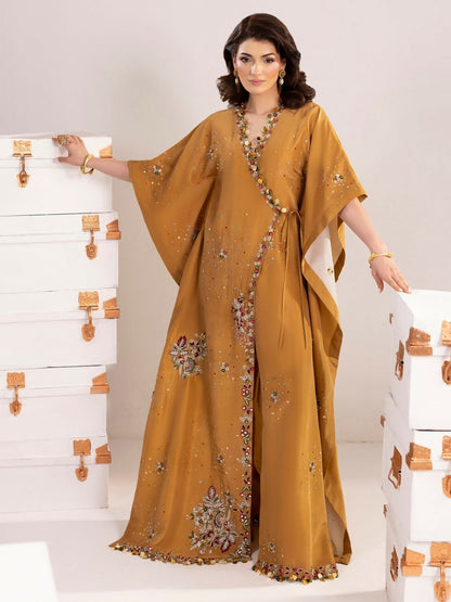 Shurooq Echoes In Bloom Silk Embellished Kaftan Set-Golden Mirage