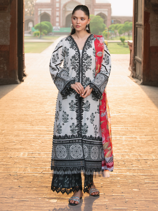 Three-piece embroidered digital printed suit with organza neck and lace details, chiffon dupatta, and printed cotton trouser.