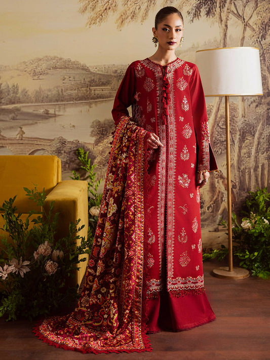 Mahnur Nova Khadar stitched 3-piece suit with embroidered khaddar shirt, printed wool shawl, and plain trouser.