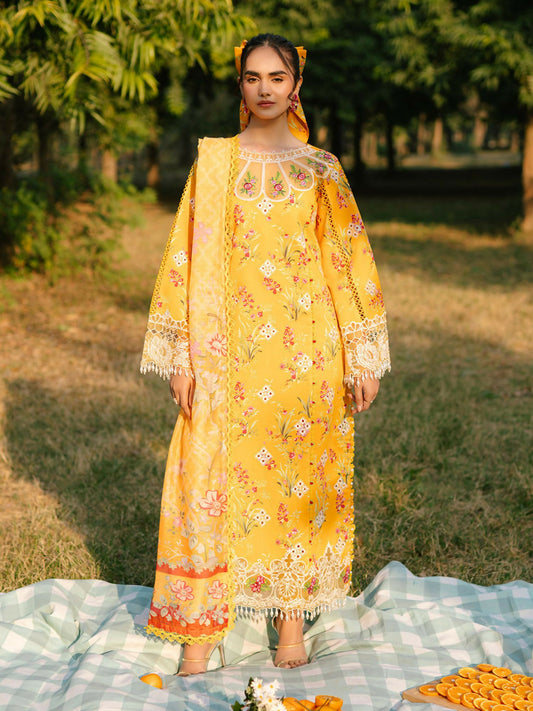 Parishay embroidered lawn front with intricate neckline and borders – stitched 3-piece suit