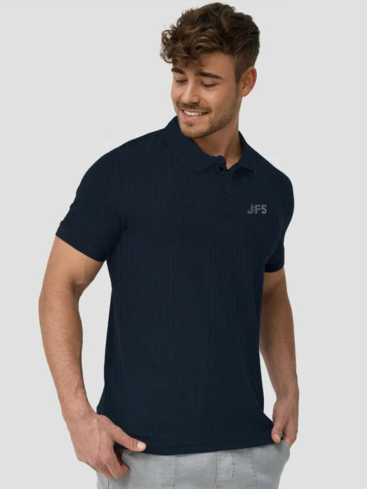 Men’s Jupiter Self Textured Polo with classic textured collar, soft 100% cotton fabric, premium silver metal logo, side vents, and ribbed cuffs.