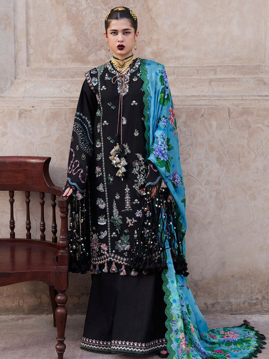 Black Hussain Rehar Luxury Lawn Embroidered Stitched 3-Piece Unsuit-Arzo
