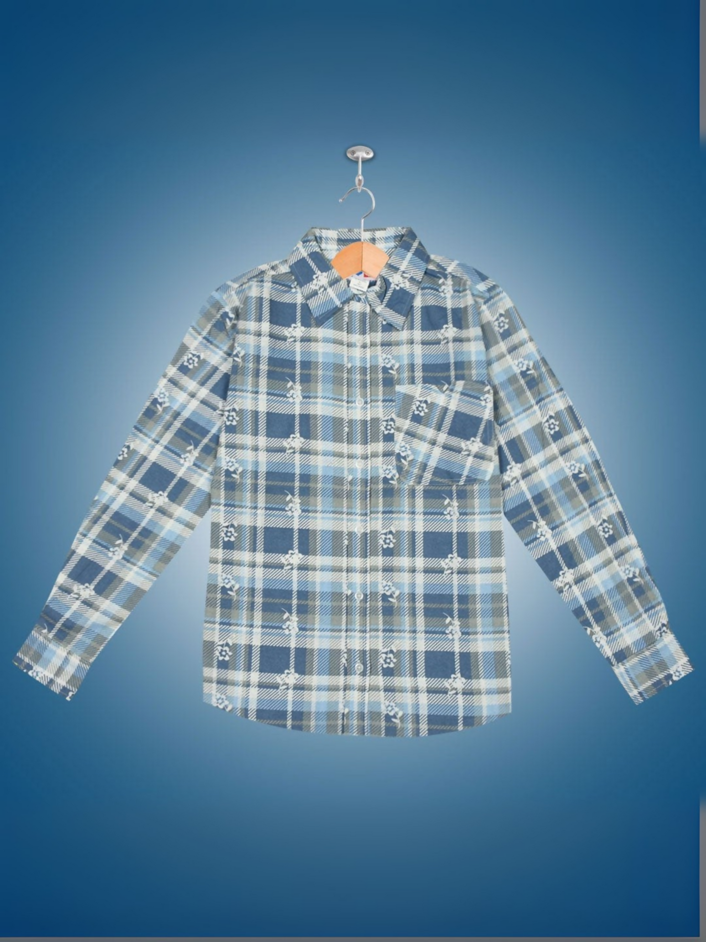 Flat lay of a long-sleeve checkered flannel shirt with a button-down front and single chest pocket, displayed on a hanger.
