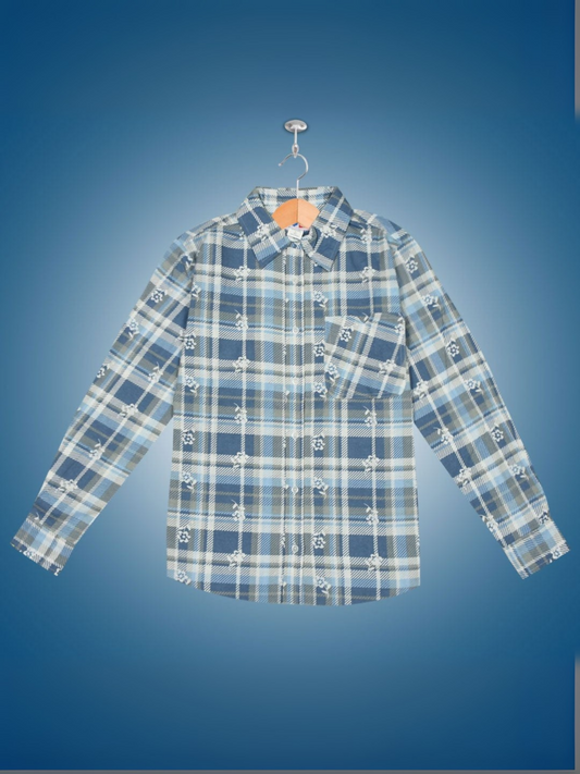 Flat lay of a long-sleeve checkered flannel shirt with a button-down front and single chest pocket, displayed on a hanger.