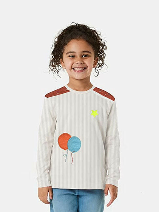 Kids long sleeve cotton tee with balloon appliqué and star badge, made from soft stretchable fabric.
