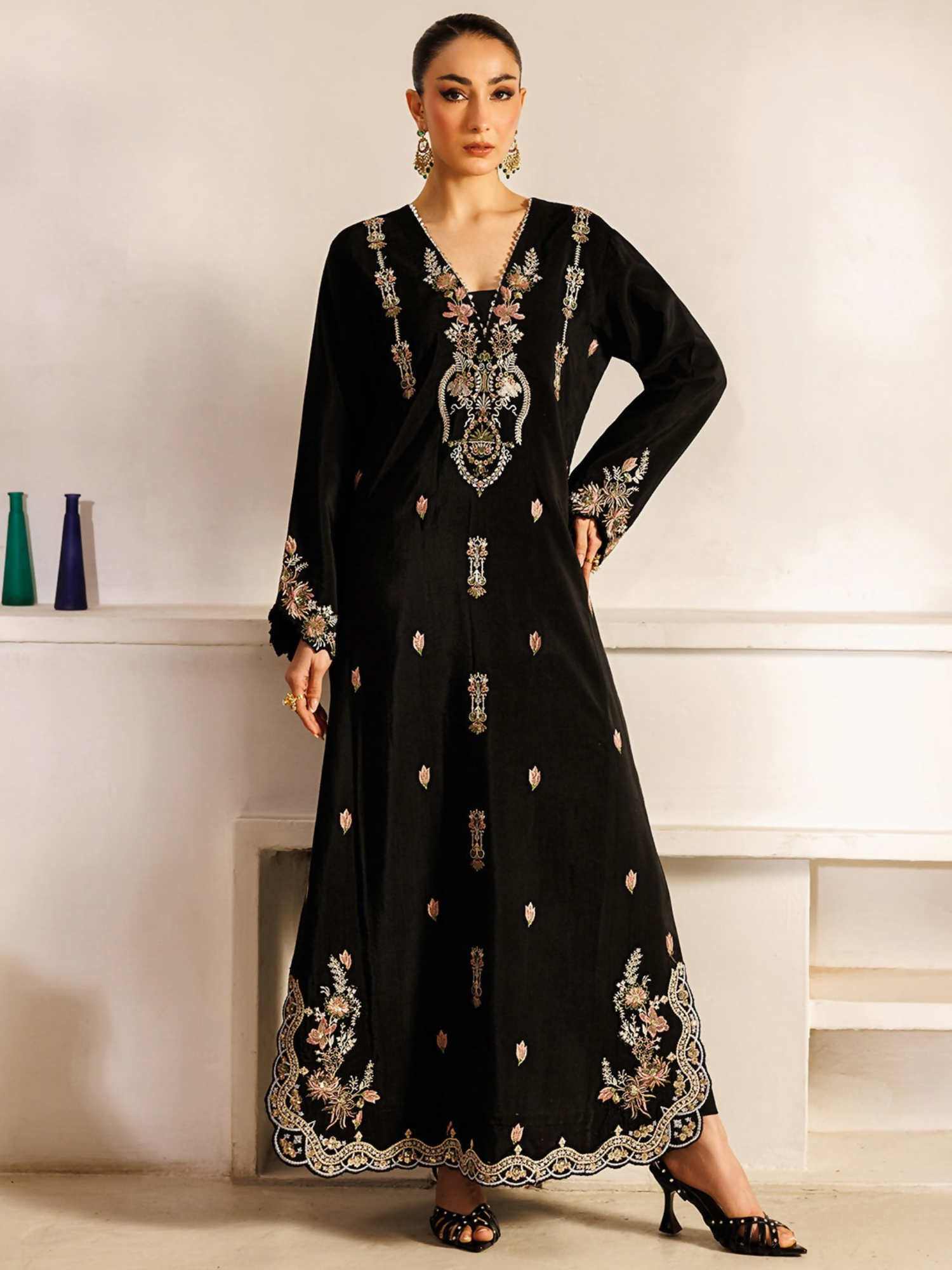 Panache Apparel Noore Eid Edit Raw Silk Embroidered Kaftan Set-Mahira