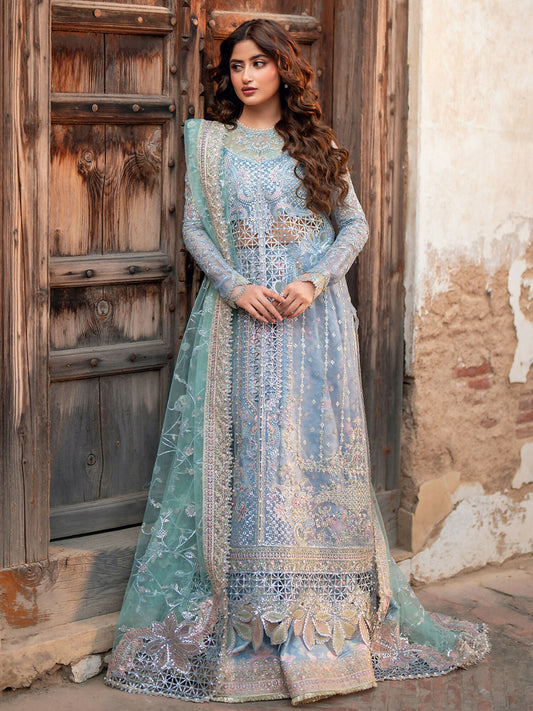Binilyas unstitched luxury 3-piece suit with sequin embroidered organza shirt, embroidered net and organza dupatta, and printed silk inner with trouser.